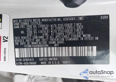 2009 Toyota Venza Base V6 from USA, damaged, VIN 4T3BK11A49U007994